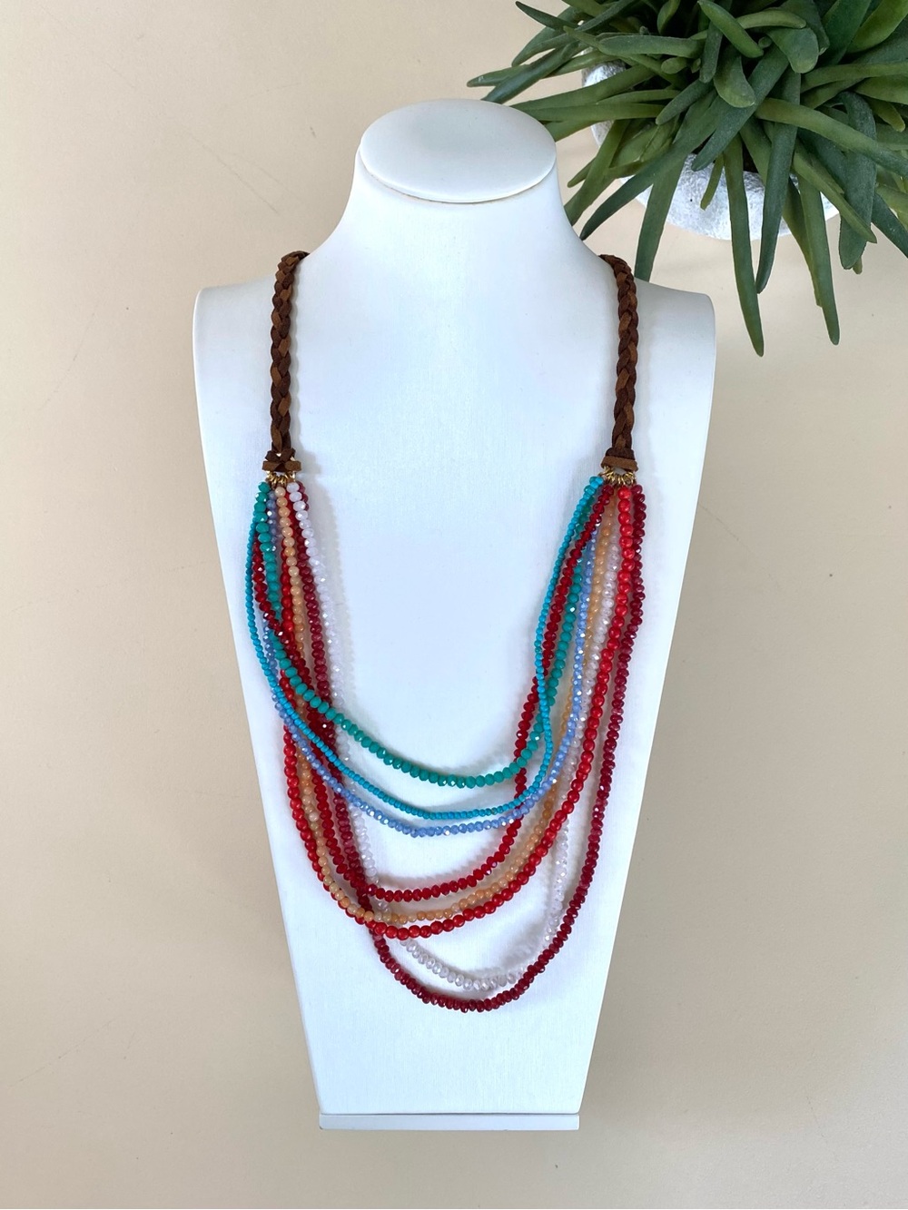 NEIMAN MARCUS - Multicolor Beaded & Leather Braided Necklace